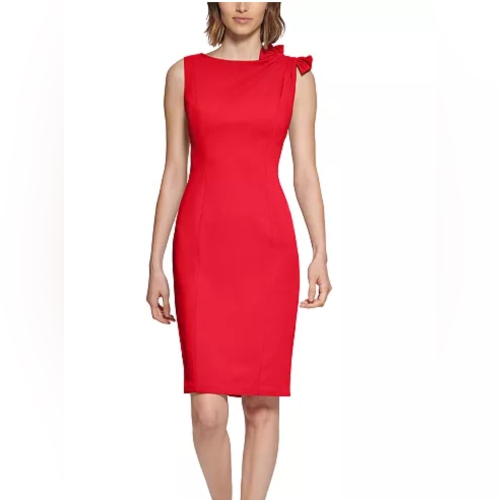 NWT Calvin Klein Women's Boat-Neck Sheath W/Shoulder Bow Dress - Size 6 - Picture 4 of 11